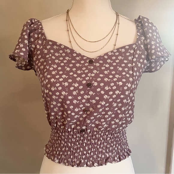 Flutter sleeve sweetheart ditsy floral smocked waist crop top blouse w/ buttons - Picture 2 of 11